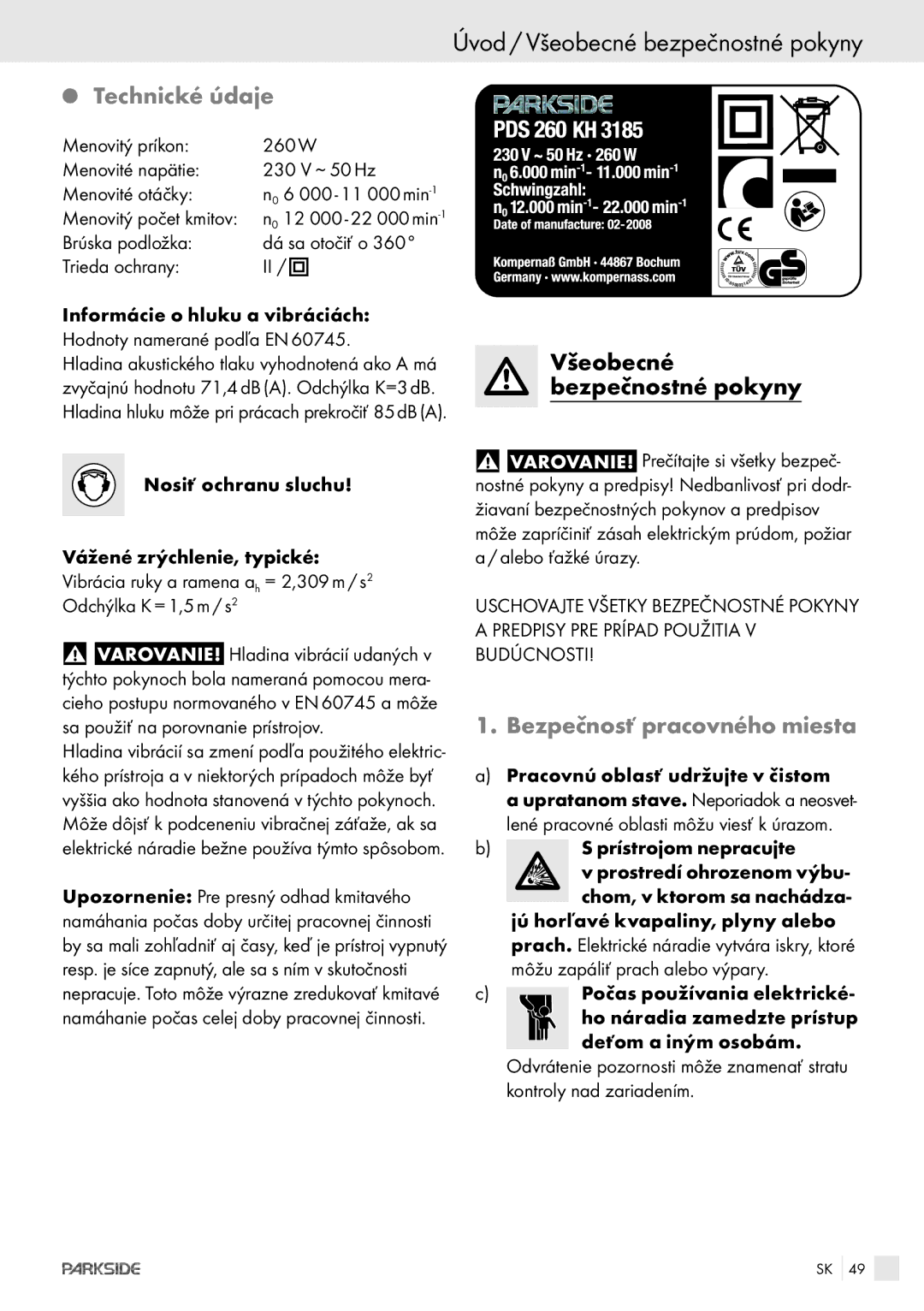 Parkside POE-1200, POE-2400 manual Úvod / Všeobecné bezpečnostné pokyny, Bezpečnosť pracovného miesta, Menovitý počet kmitov 